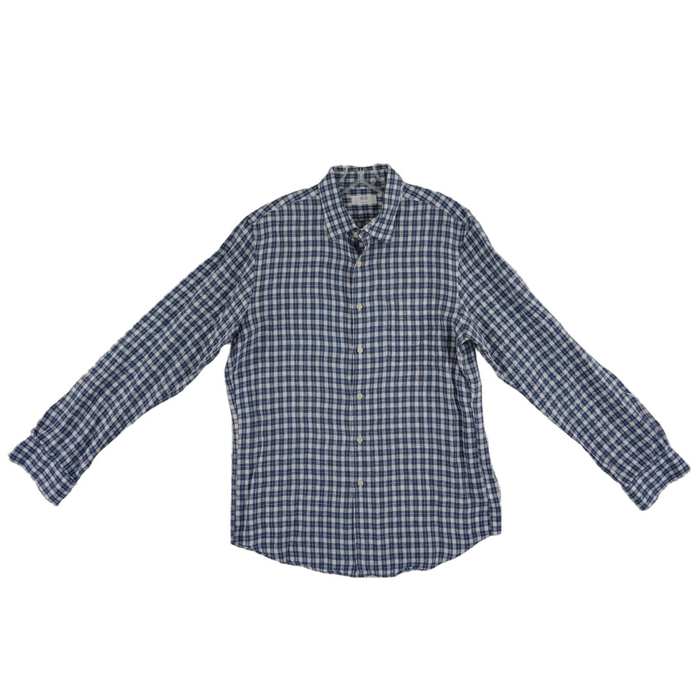 Uniqlo 100% Linen Button‎ Down Shirt Men's Size Large Blue Gingham Plaid
